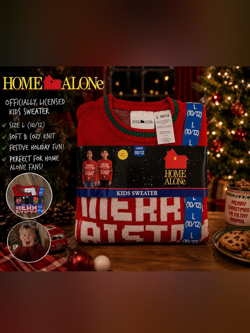 Home Alone Kids Christmas Sweater Size L 10/12 NWT
